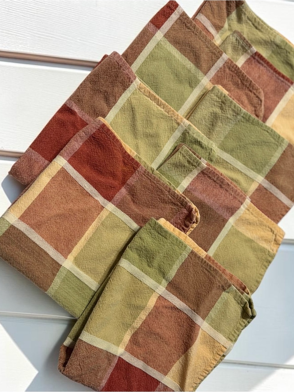 Vintage-Style Fall Plaid Cotton Napkins Set of 8 Rust Olive Gold Autumn